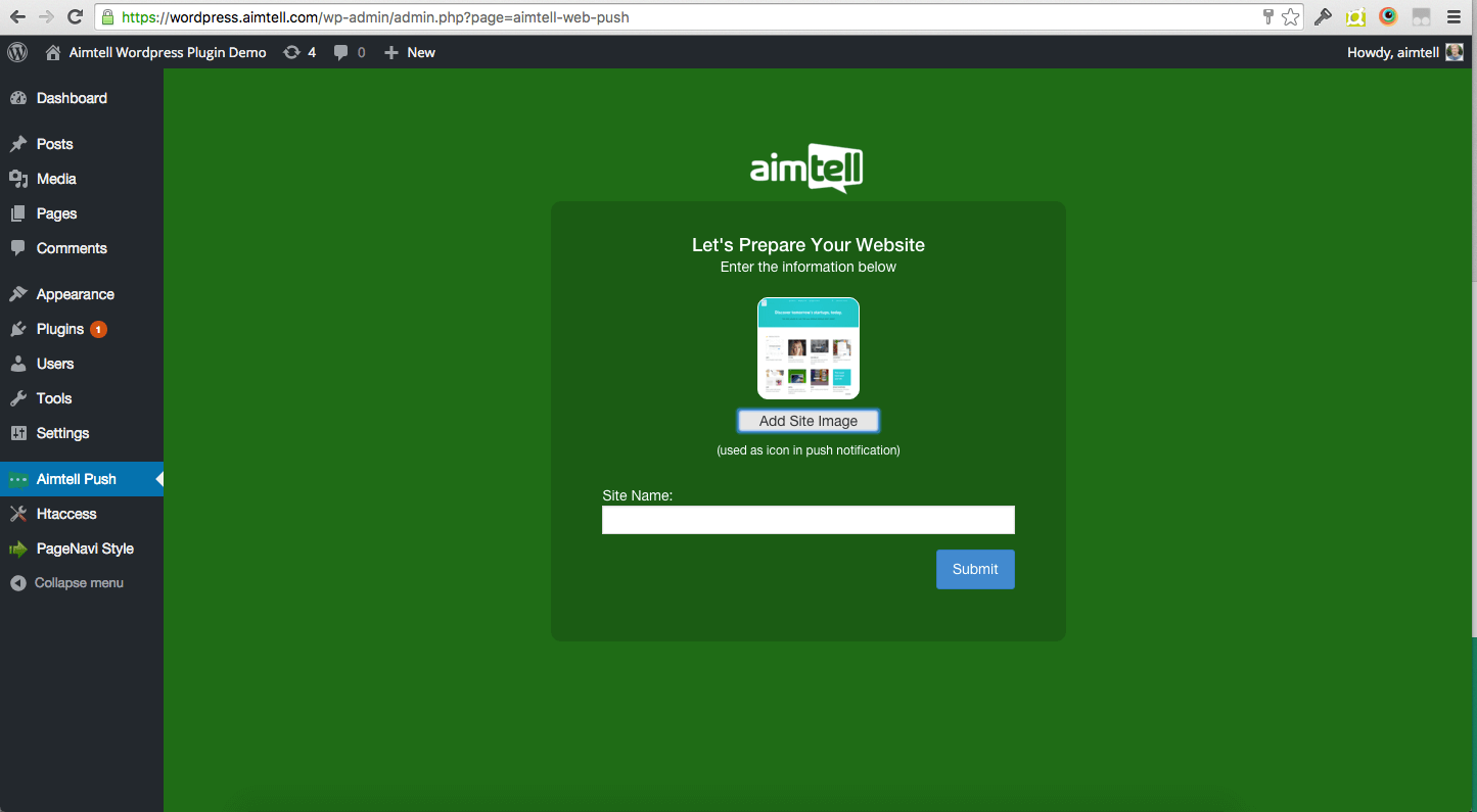 Aimtell for WordPress - Adding Your Credentials