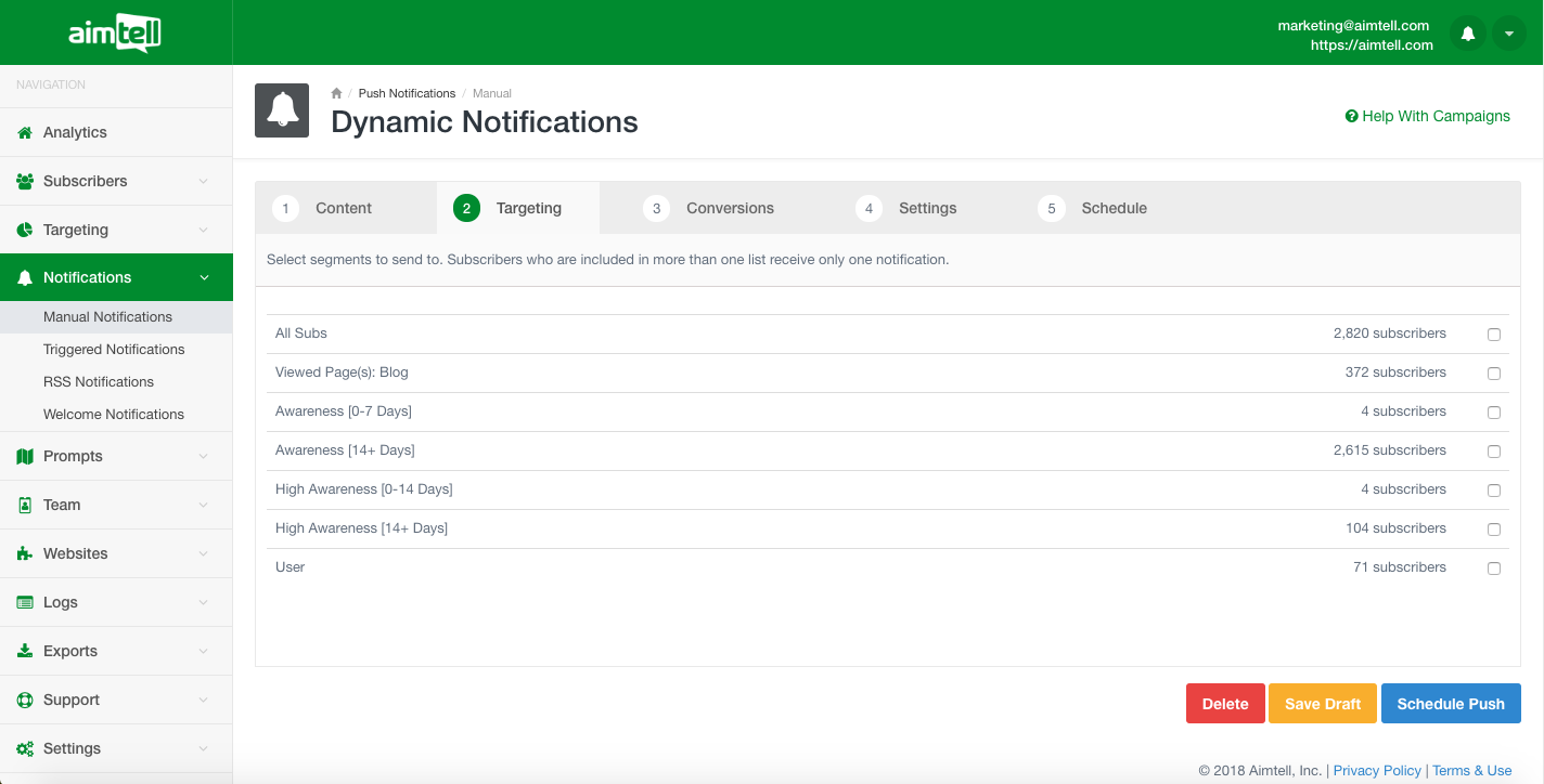 Aimtell Push Notification Targeting