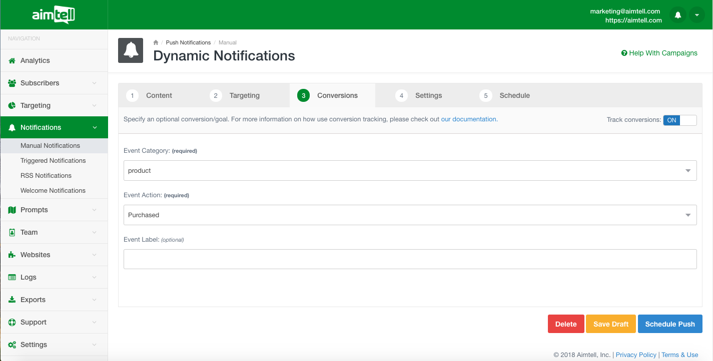 Aimtell Push Notification Conversions