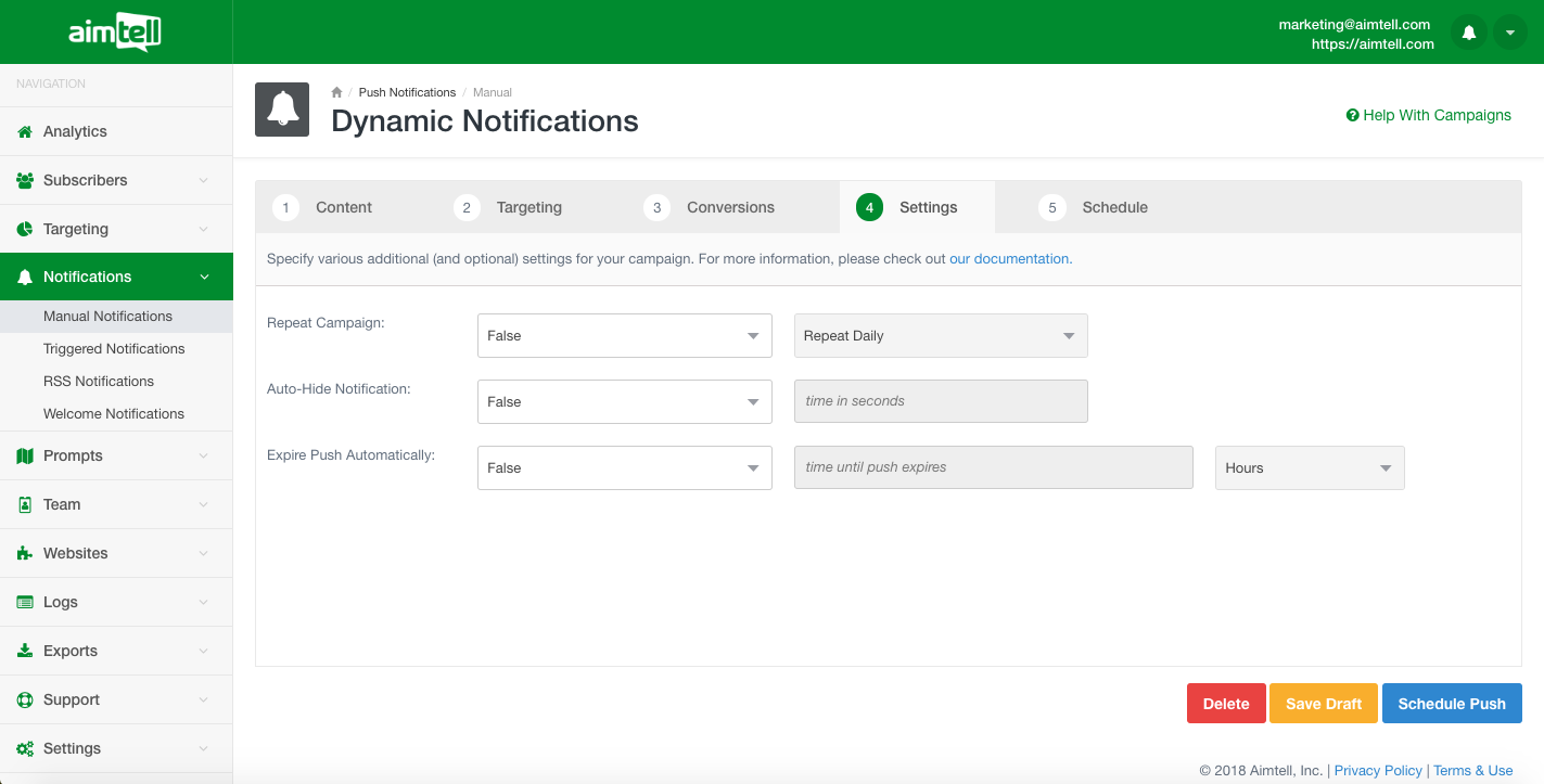 Aimtell Push Notification Settings