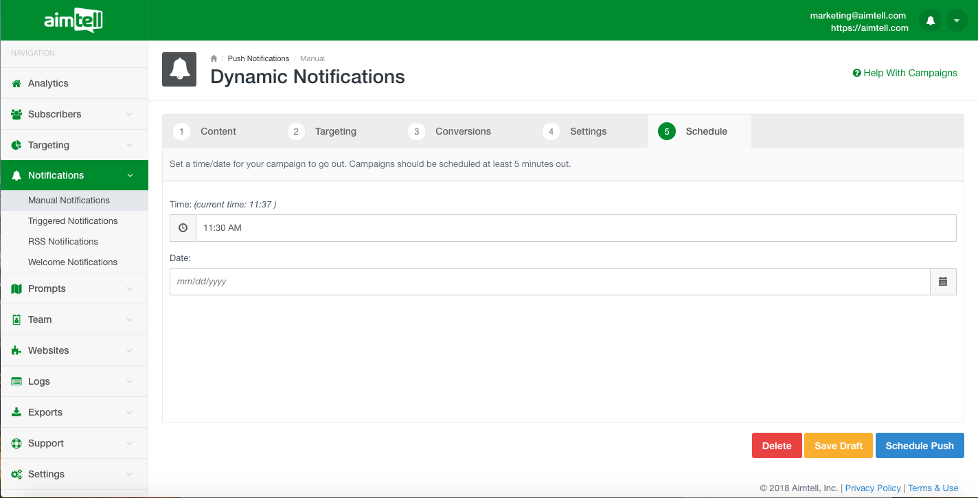 Aimtell Push Notification Scheduling