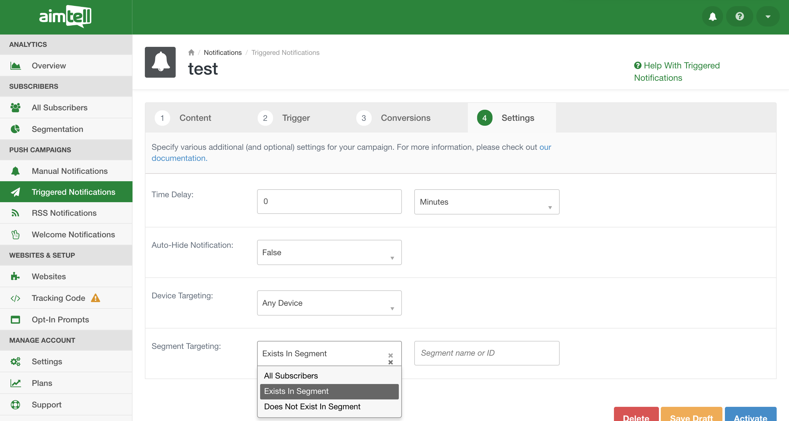 segmentation options triggered campaigns